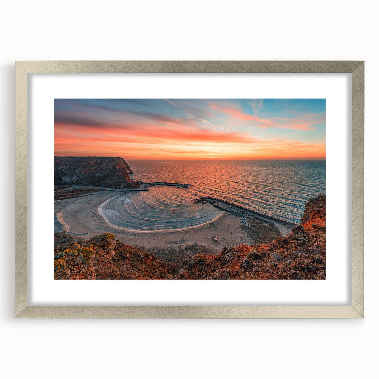 Extra large textured abstract art print of a European scenery in silver frame, ideal for living room decor.