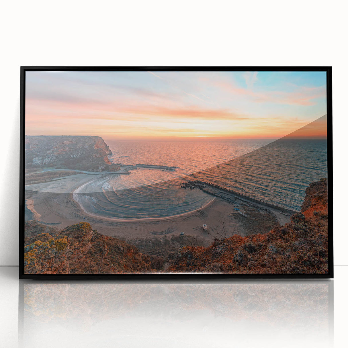 Large abstract wall art featuring a European Bulgarian scenery in muted earth tones, framed in black acrylic.