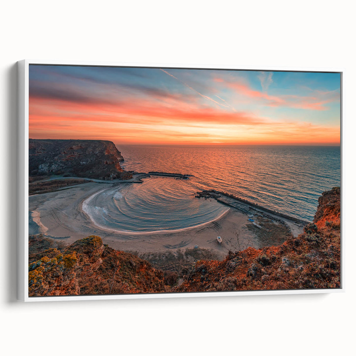 Vintage poster art of a European Bulgaria scenery in colorful tones on a framed canvas, ideal for living room decor.