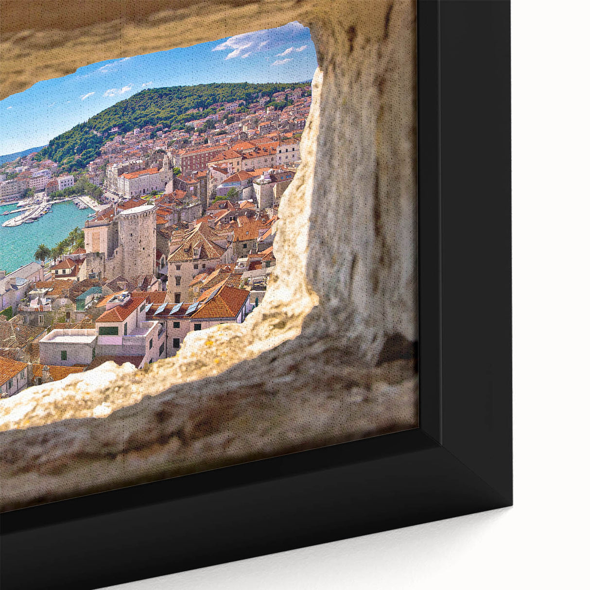 Black framed canvas depicting a textured, colorful Croatian landscape, ideal for extra large living room wall art.
