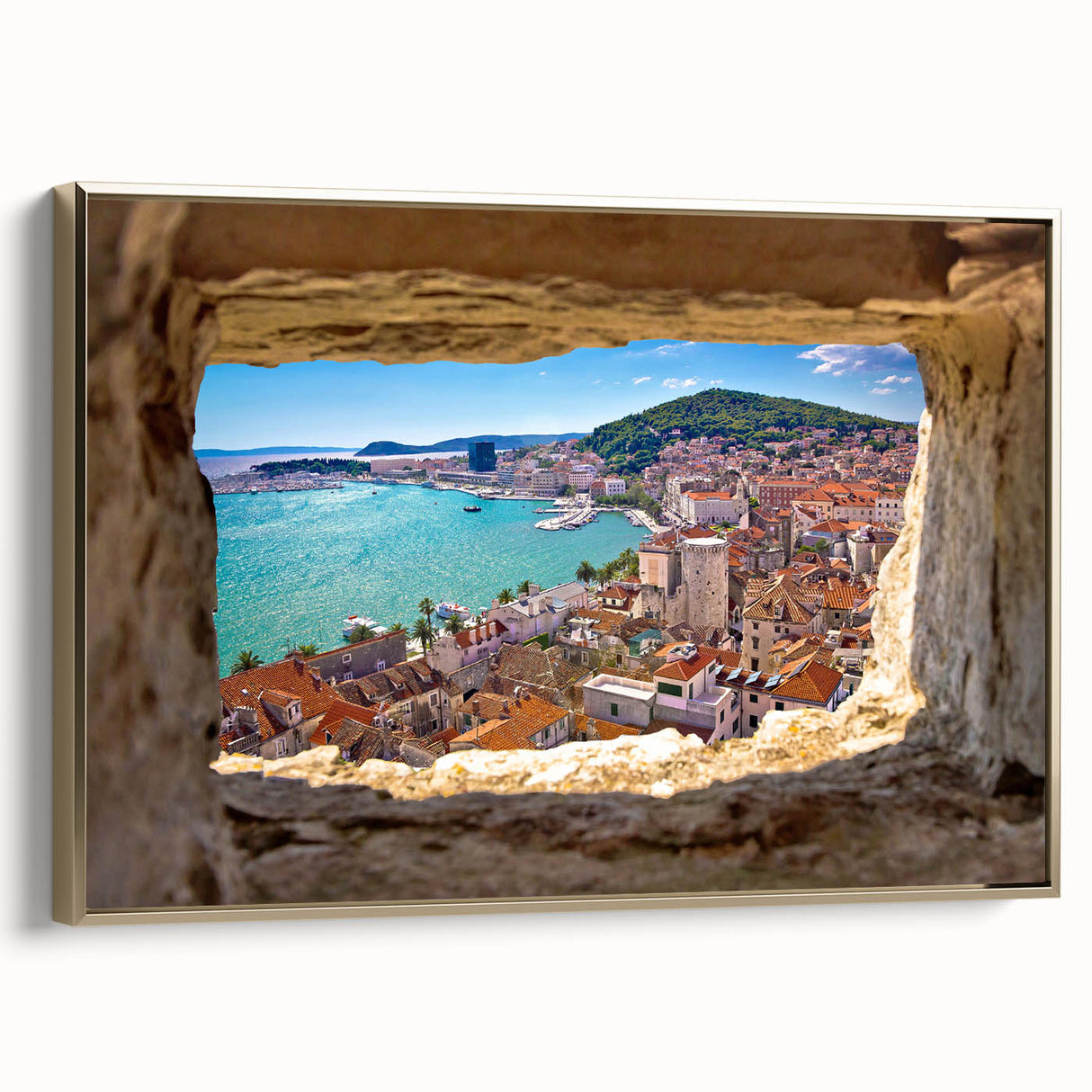 Framed canvas depicting a vintage-style Croatian landscape in muted gold and black tones, ideal for bedroom wall art.