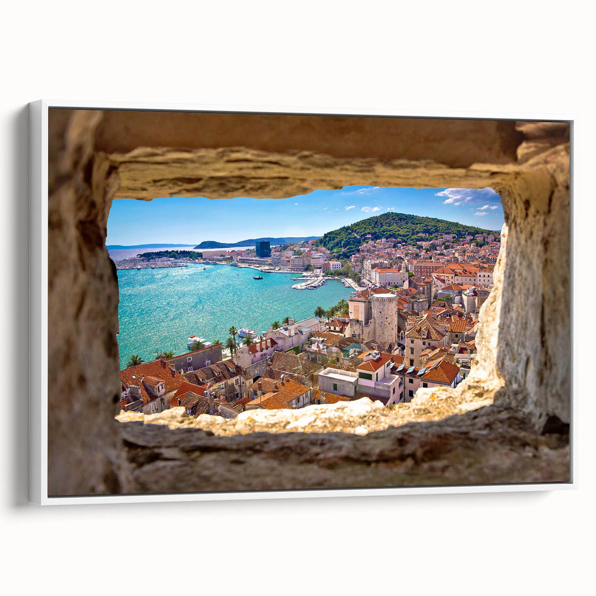 Vintage poster art of a Croatian scenery on extra large framed canvas, featuring vibrant colors against a black background.