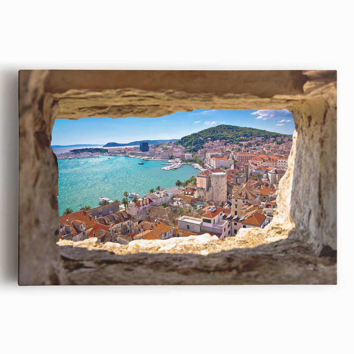Black and white photograph of a Croatian coastal town on stretched canvas, ideal for kitchen wall art or bedroom.