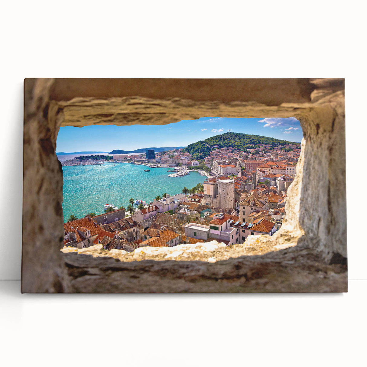 Black and white photo of a Croatian landscape on a large stretched canvas, suitable for kitchen wall art.