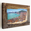 Landscape painting of a Croatian coastal village on a large stretched canvas, featuring muted earth tones.