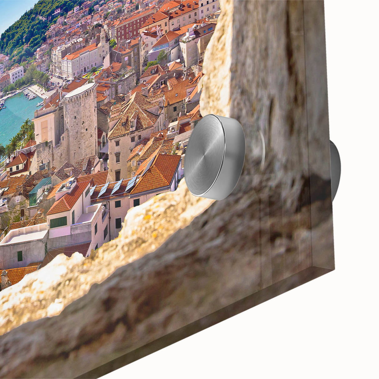 Large abstract wall art of a Croatian landscape in muted earth tones on acrylic glass, ideal for dining room ambiance.