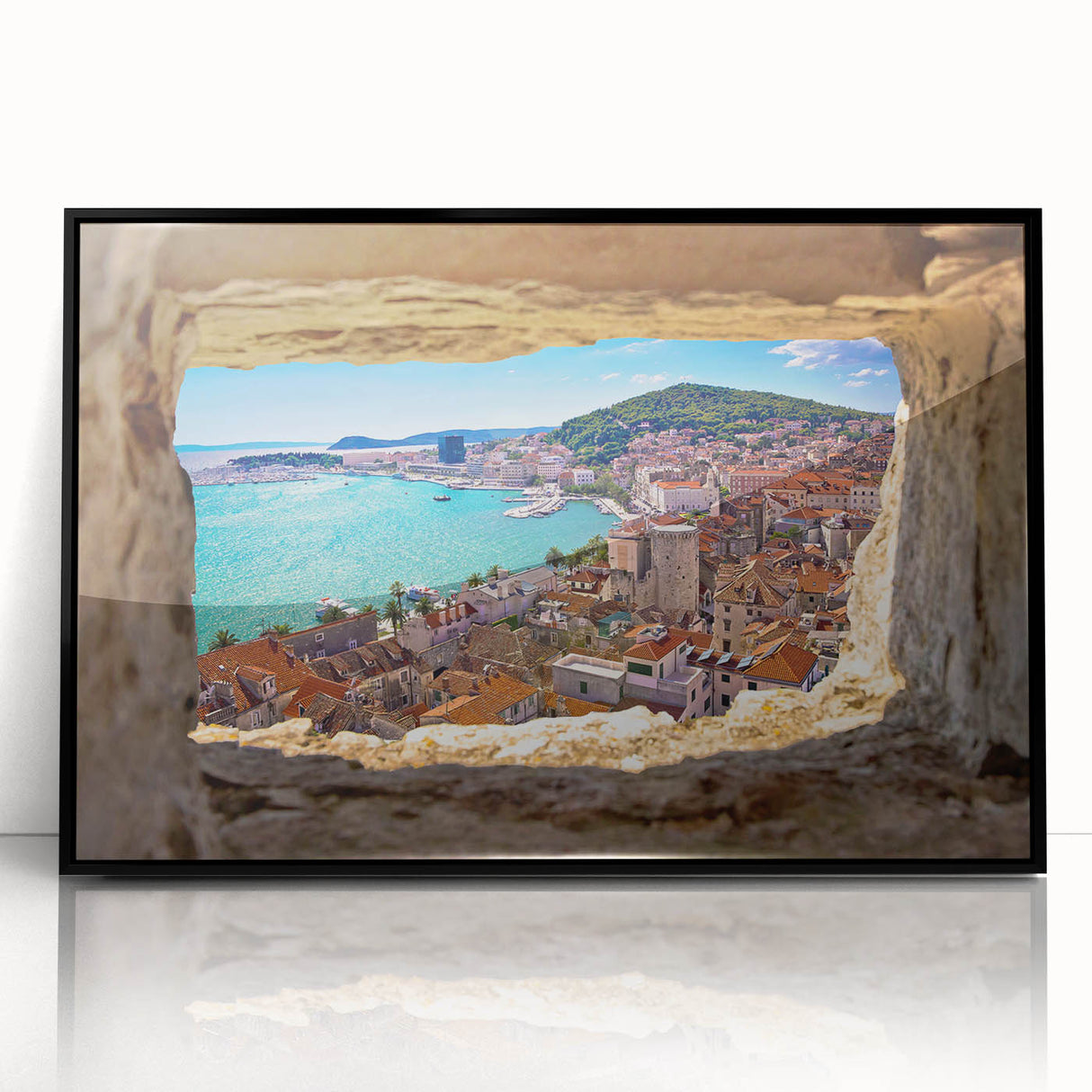 Large abstract wall art depicting a European Croatian landscape in muted earth tones on a framed acrylic print.
