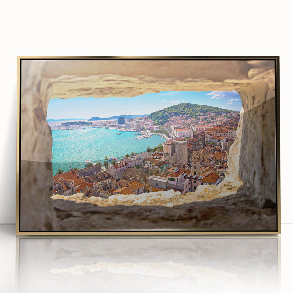 Framed acrylic print of a Croatian landscape in muted earth tones, ideal for modern art wall decor.