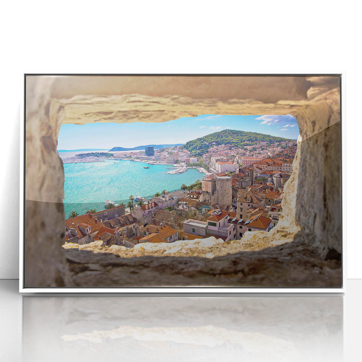 Acrylic print of a Croatian landscape in muted earth tones, framed in white, suitable for modern art wall decor.