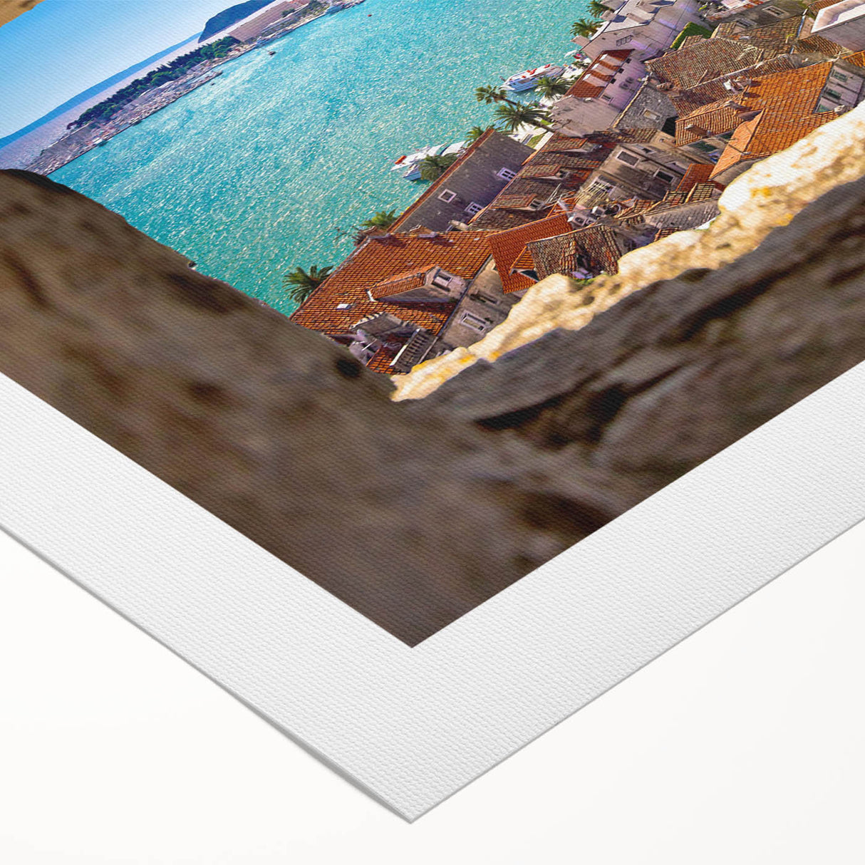 Art deco poster of a Croatian landscape on rolled canvas, featuring muted earth tones, ideal for dining room wall art.