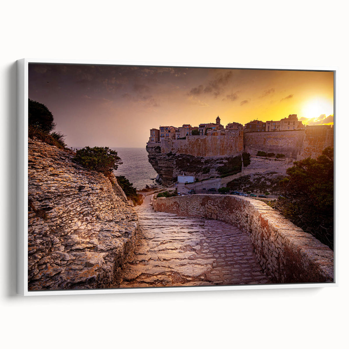 Vintage poster art of Corsican landscape in vibrant colors on a framed canvas, ideal for living room decor.