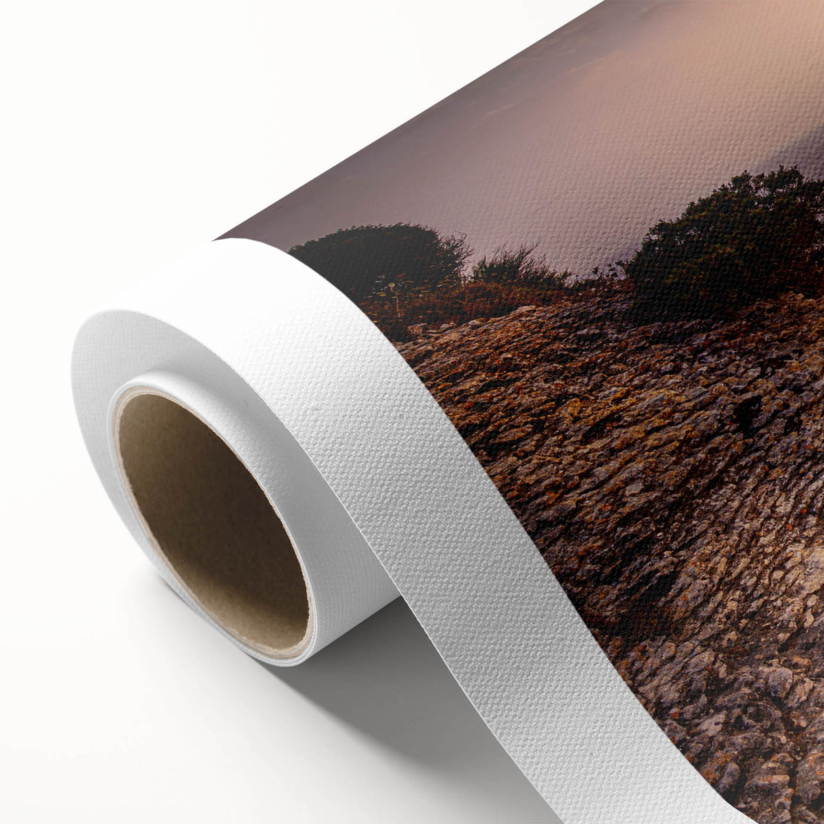 Art deco poster of Corsican landscape in pastel shades on rolled canvas, ideal for nursery wall art or dining room decor.