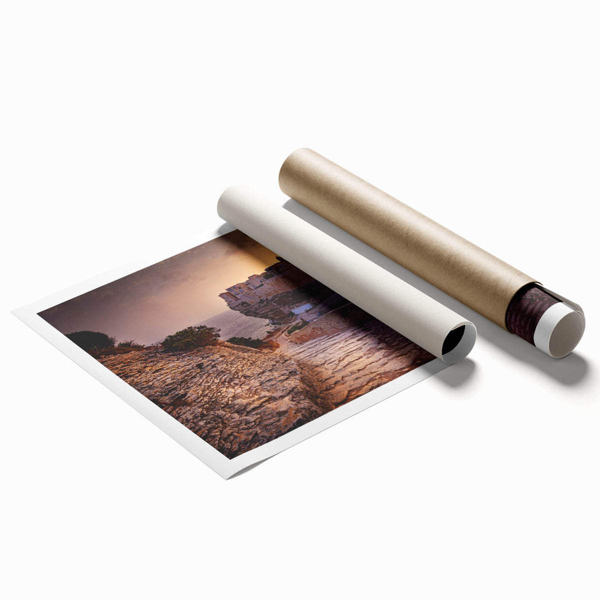 Extra large rolled print featuring a floral Corsican landscape in pastel hues, ideal for classy bathroom wall art.