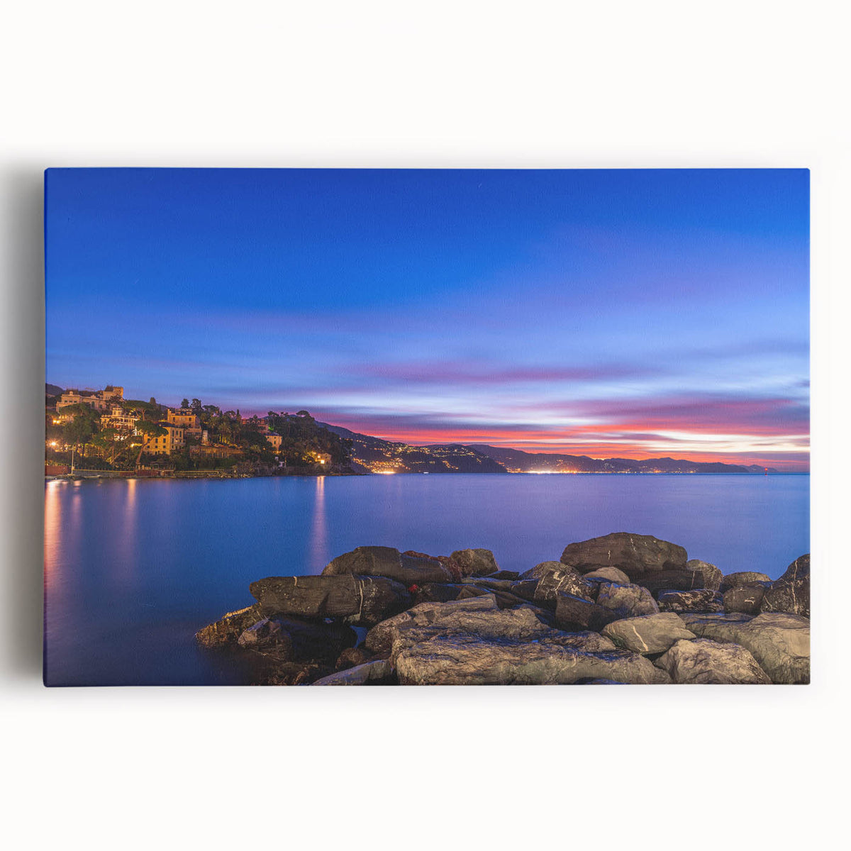 Black and white large art print of Portofino, Italy on stretched canvas, ideal for kitchen wall art.