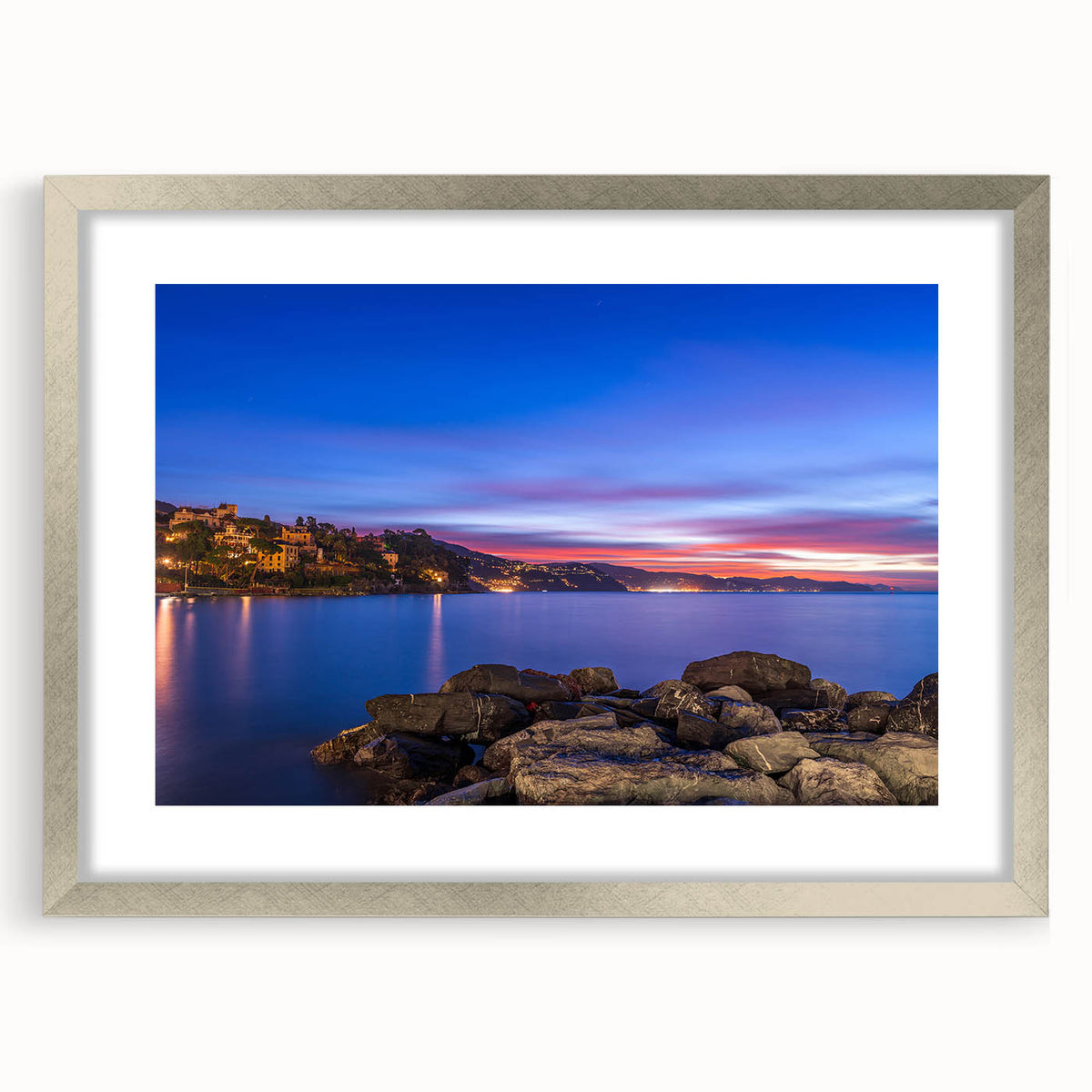 Textured art print of Portofino, Italy, featuring abstract shapes in soft pastel shades on a silver-framed canvas.