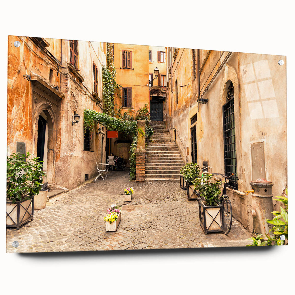 Acrylic print of Rome scenery with muted earth tones, ideal for dining room decor.