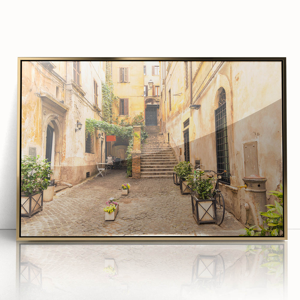Art deco poster of Rome scenery in muted gold and ivory tones on acrylic, ideal for modern art wall decor.