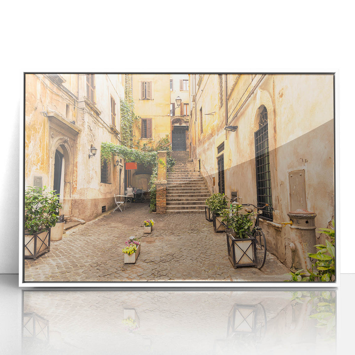 Mid-century modernist art of Rome's skyline in muted earth tones on a framed acrylic, ideal for nursery wall decor.