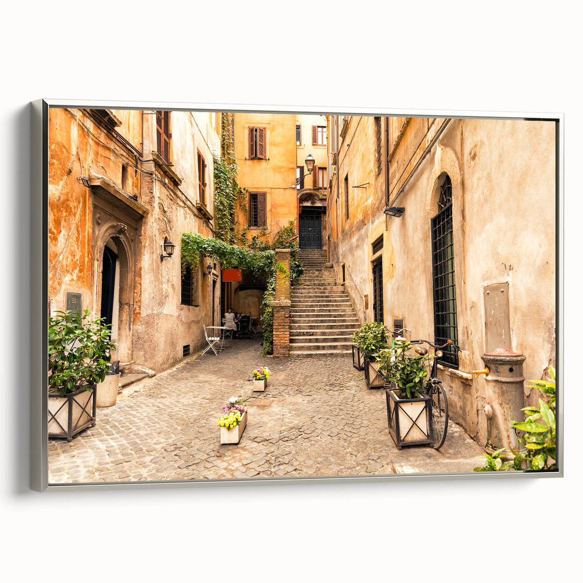 Framed canvas landscape art painting of Rome with colorful and vintage poster art style, ideal for living room decor.