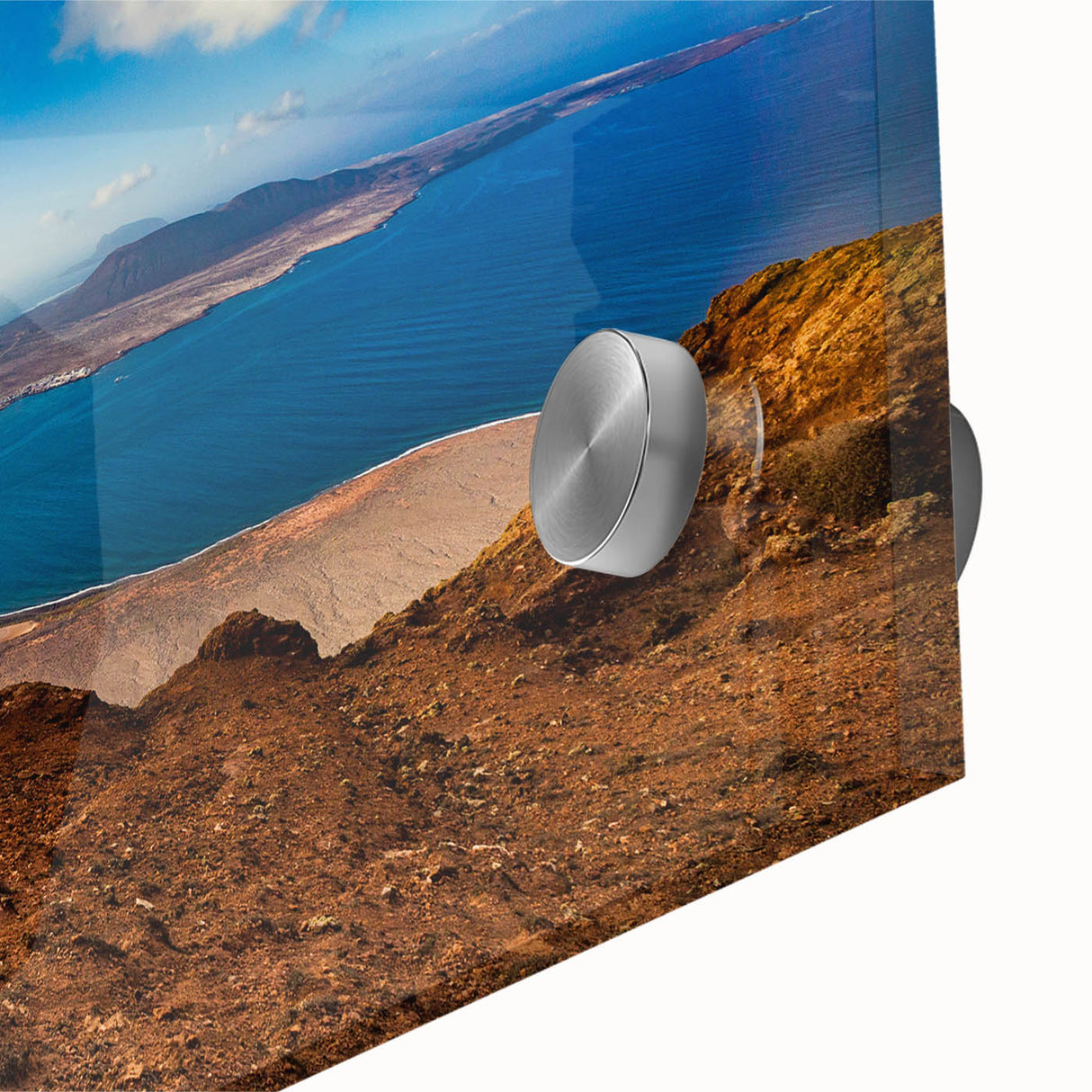 Large abstract wall art featuring a mid-century modernist Spanish Canary landscape in vibrant hues, acrylic glass.