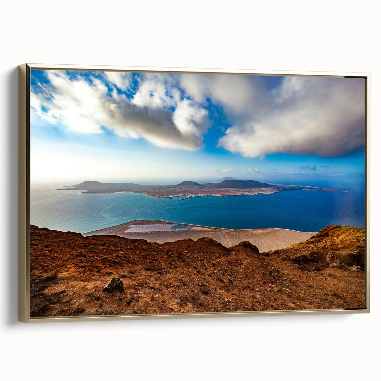 Framed canvas wall art depicting a vintage-style landscape of the Canary Islands in Spain.
