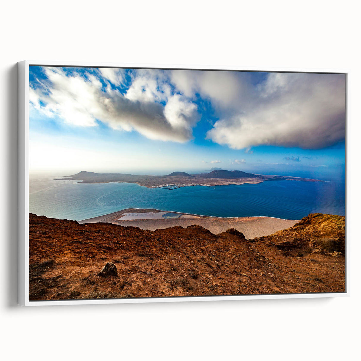 Vintage poster art of a colorful Canary Islands landscape on a large framed canvas, suitable for living room decor.