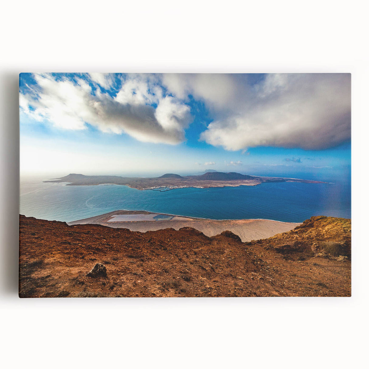 Black and white stretched canvas depicting a scenic view of the Canary Islands, ideal for kitchen wall art.
