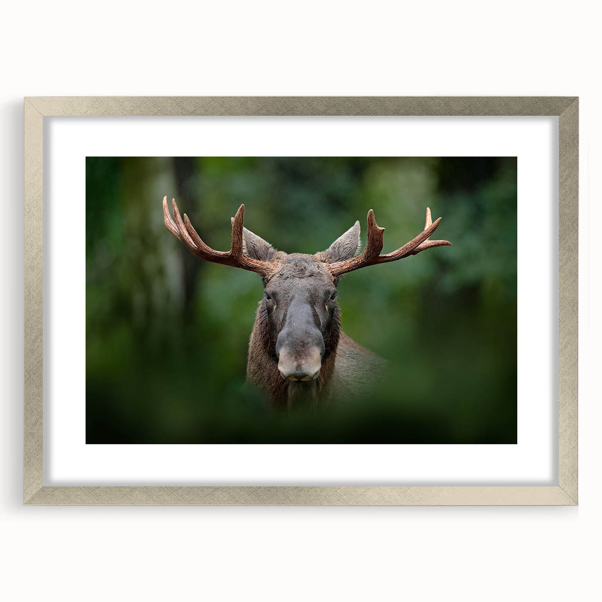 Textured abstract art print of a Scandinavian landscape in muted blue and gray, framed in silver, ideal for bedroom decor.