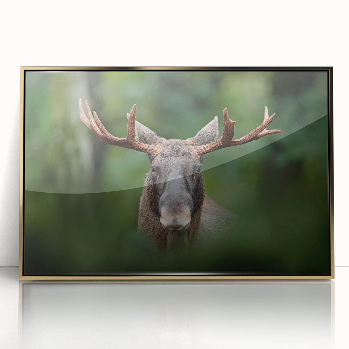 Large acrylic print of a Scandinavian landscape in muted earth tones, framed in gold, suitable for modern art wall decor.