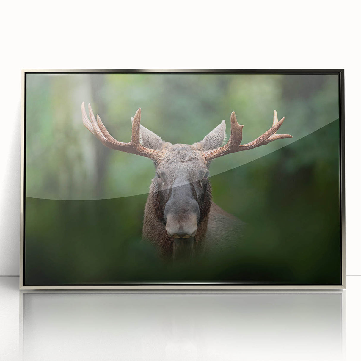 Mid-century modernist art of a serene Swedish landscape in cool blue and green tones, acrylic print framed in silver.