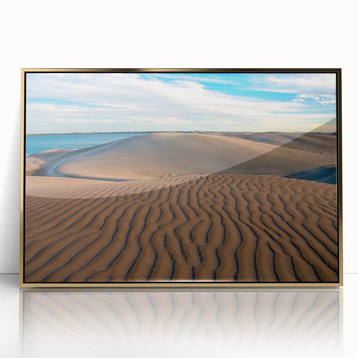 Large art print of Baja California scenery in mid-century modernist style, with muted earth tones on framed acrylic.