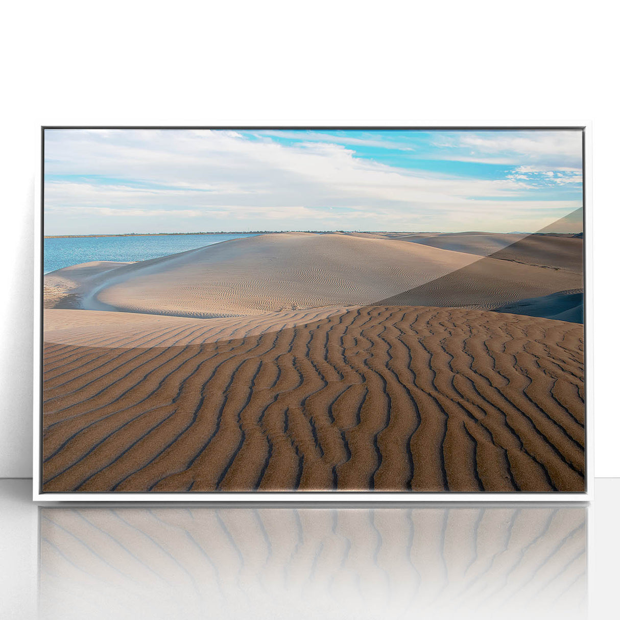 Art deco poster of Baja California scenery in muted earth tones on white framed acrylic, ideal for modern nursery wall decor.