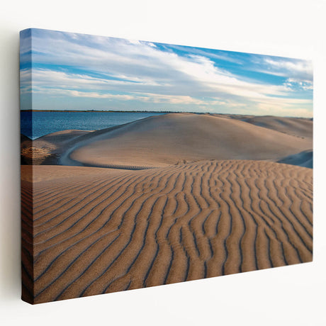Large stretched canvas featuring a serene Baja California landscape in soft earth tones, ideal for kitchen wall art.