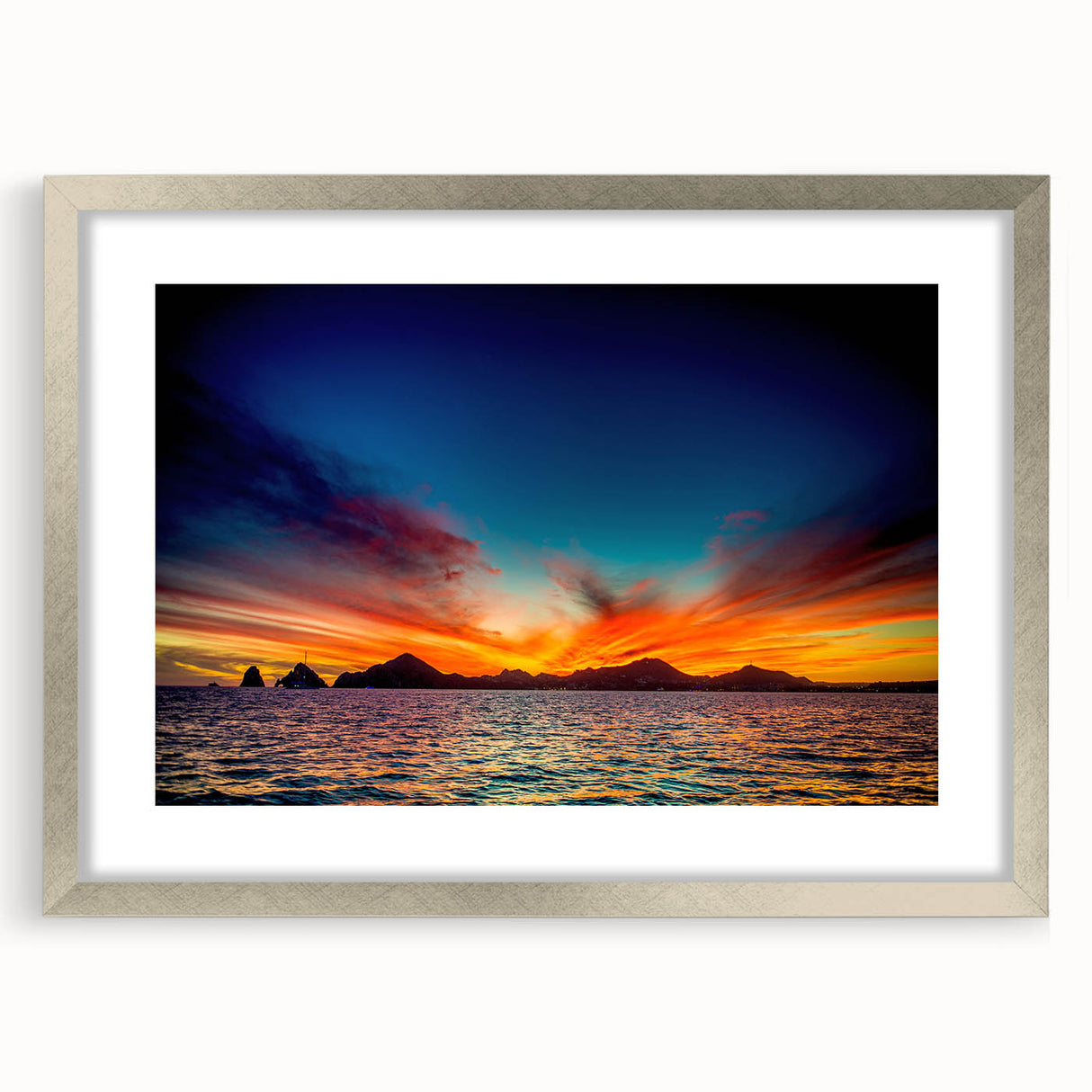 Textured abstract art print of Cabo San Lucas scenery in silver frame, ideal for bedroom art.