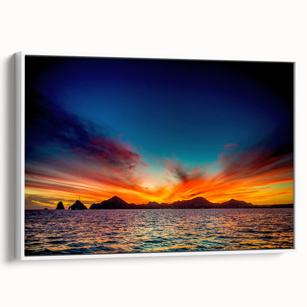 Vintage poster art of Cabo San Lucas with colorful accents on a large framed canvas, suited for living room decor.