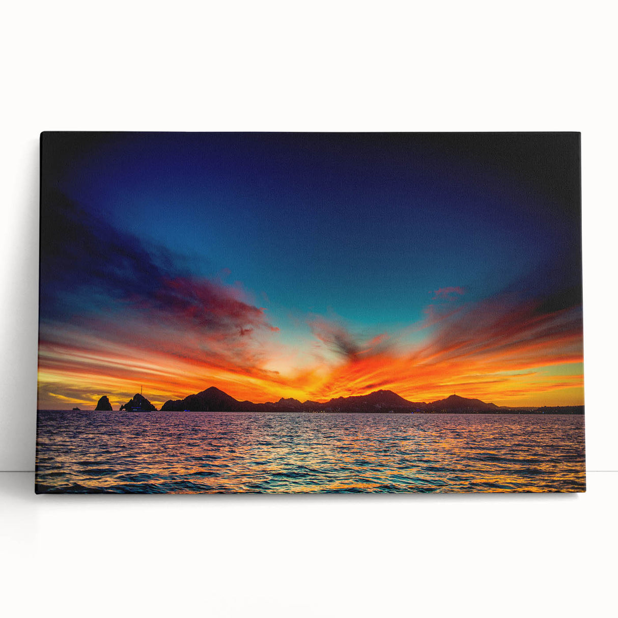Black and white stretched canvas featuring a panoramic view of Cabo San Lucas.
