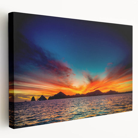 Landscape painting of Cabo San Lucas on stretched canvas, featuring vivid blue and green tones, ideal for kitchen wall art.