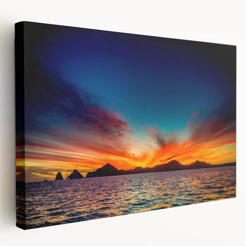 Landscape painting of Cabo San Lucas on stretched canvas, featuring vivid blue and green tones, ideal for kitchen wall art.