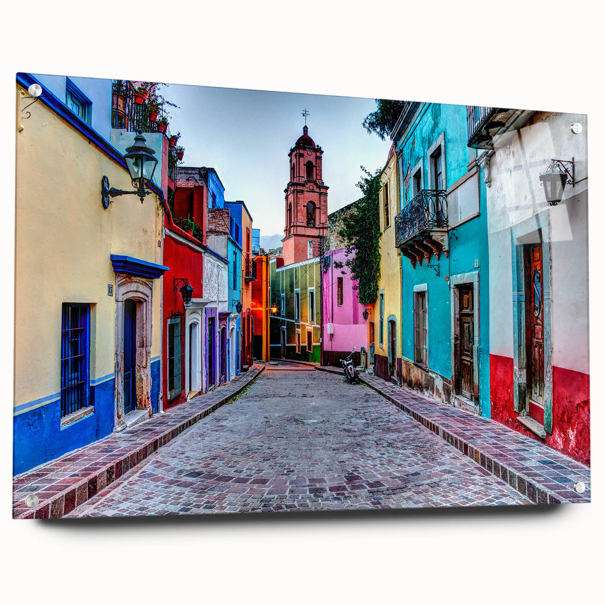 Acrylic print of Guanajuato, Mexico, featuring colorful buildings in a large abstract style.