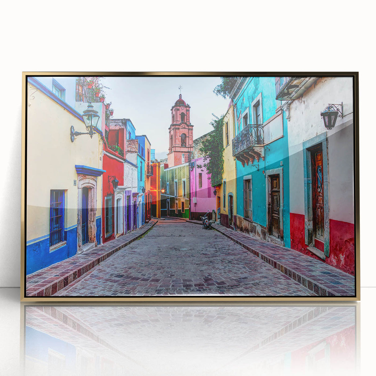 Framed acrylic print of Guanajuato, Mexico, featuring mid-century modernist style and vibrant colors.