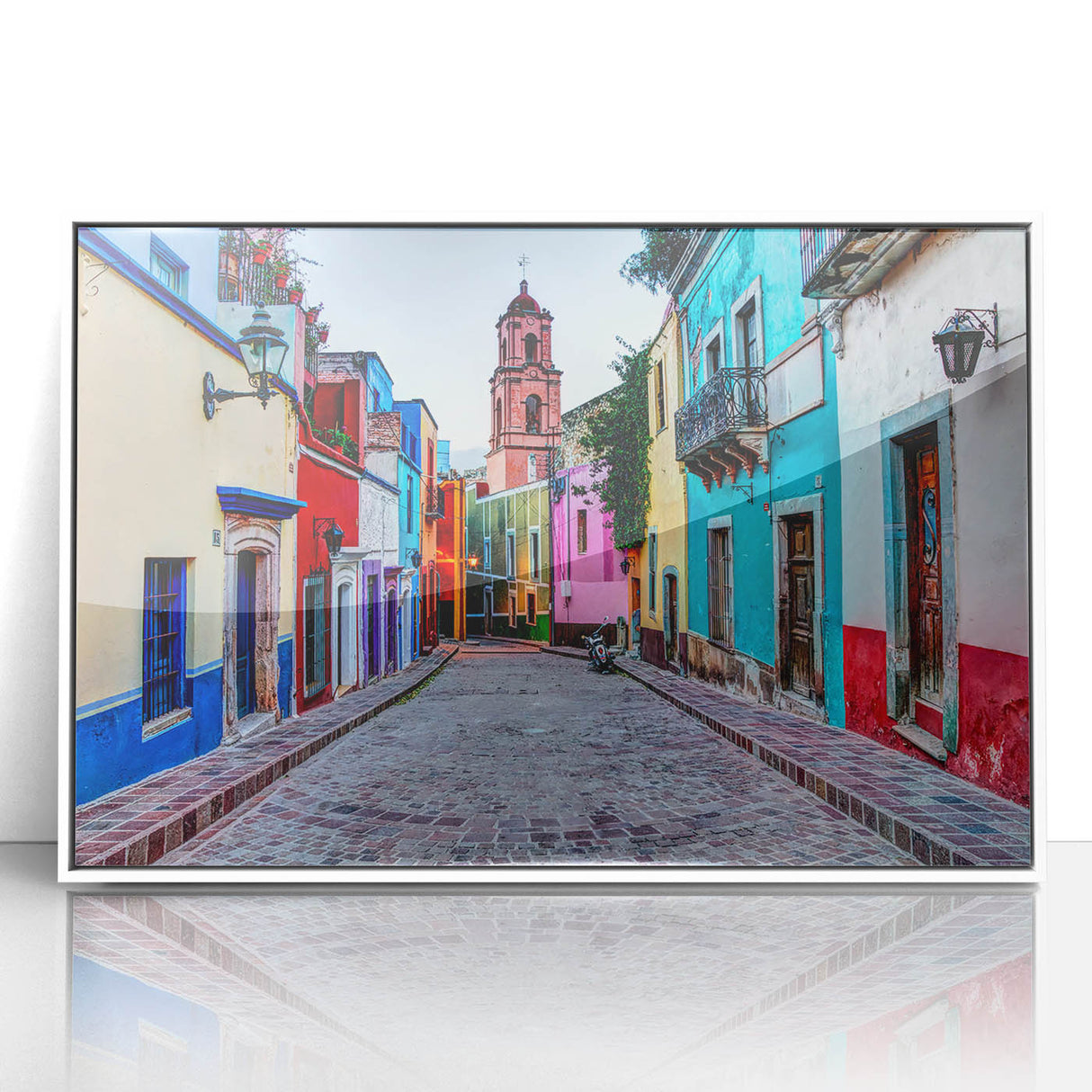 Art deco poster of Guanajuato scenery in vibrant colors, framed in white acrylic, suitable for modern art wall decor.