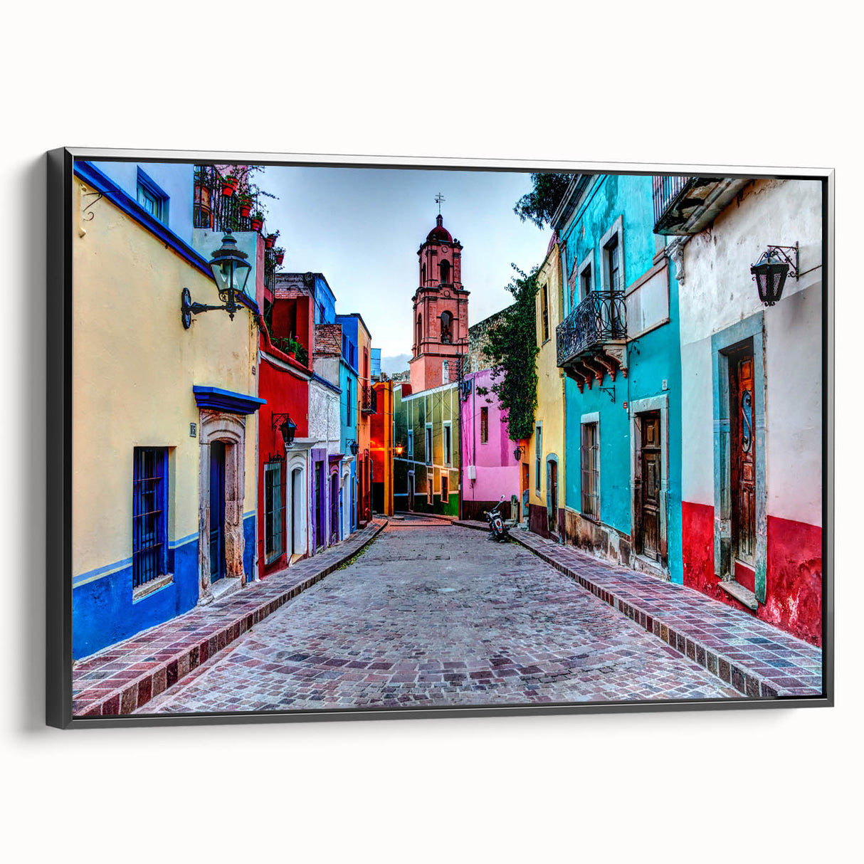 Black and white framed canvas of Guanajuato landscape, vintage poster style, ideal for bedroom decor.
