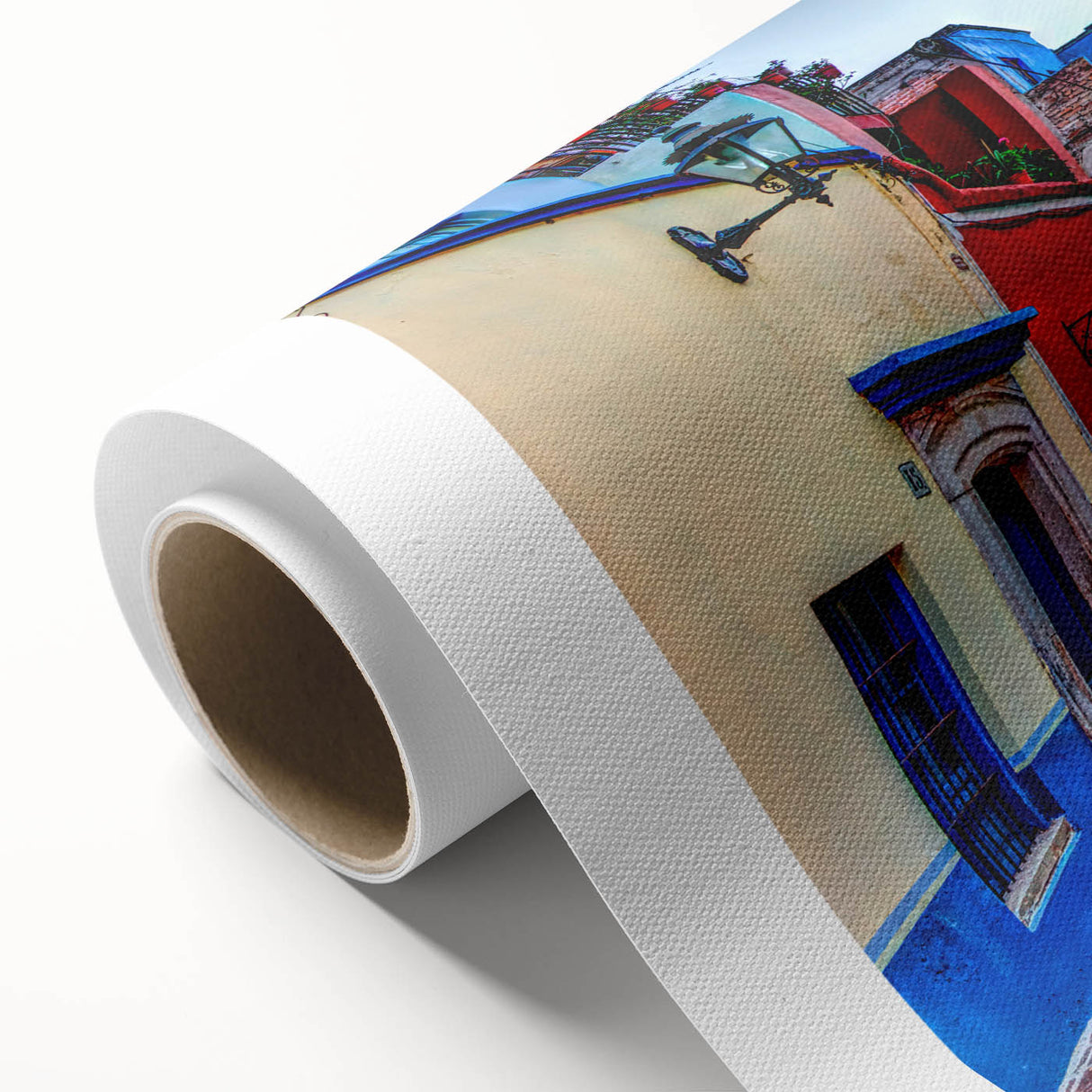 Art deco poster of Guanajuato scenery on rolled canvas, featuring vivid colors and geometric shapes.