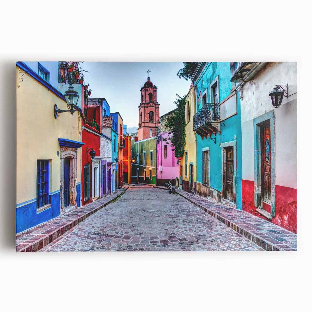 Black and white stretched canvas of Guanajuato, Mexico street scene, ideal for kitchen wall art.