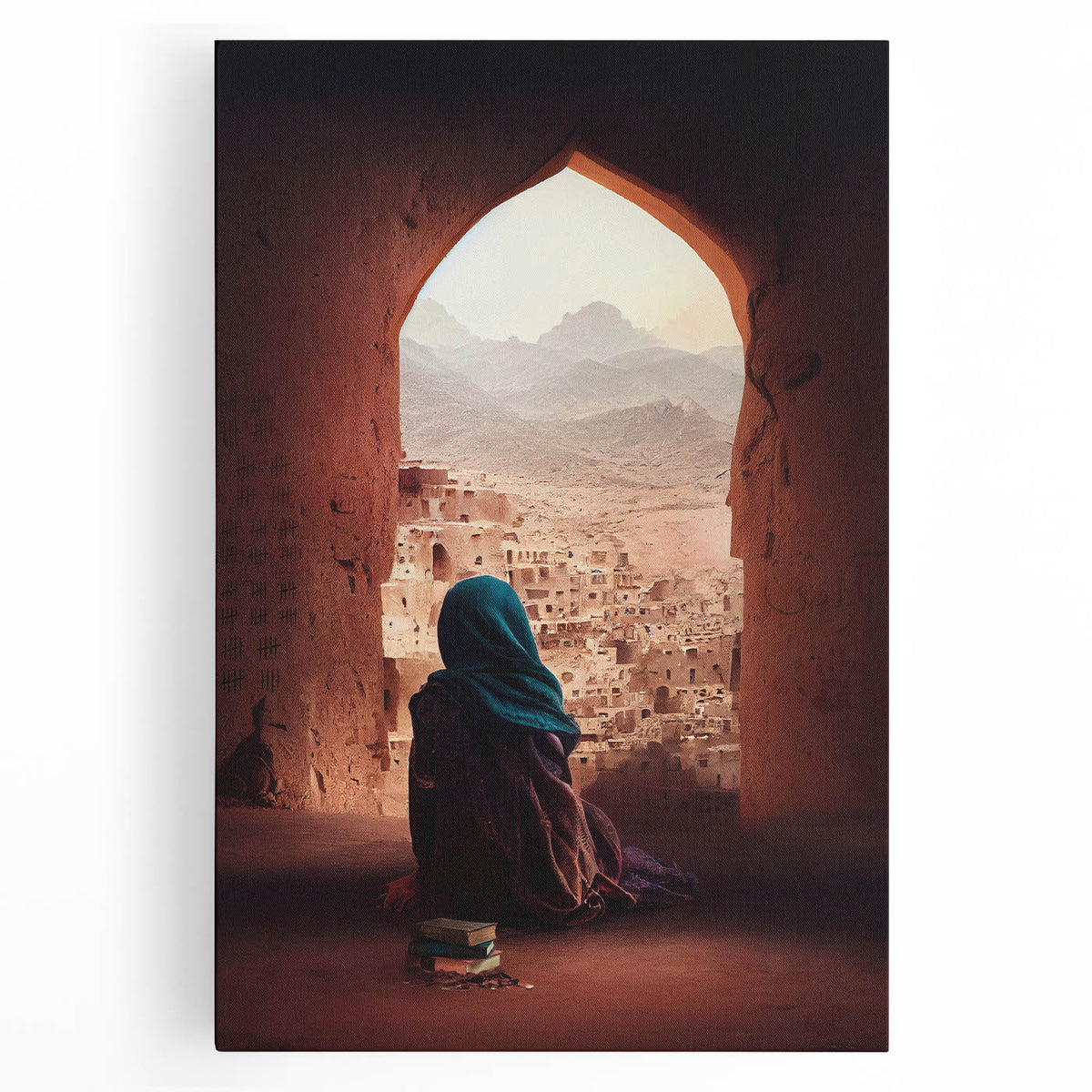 Black and white panoramic photo of Afghan mountains on stretched canvas, suited for kitchen wall art.