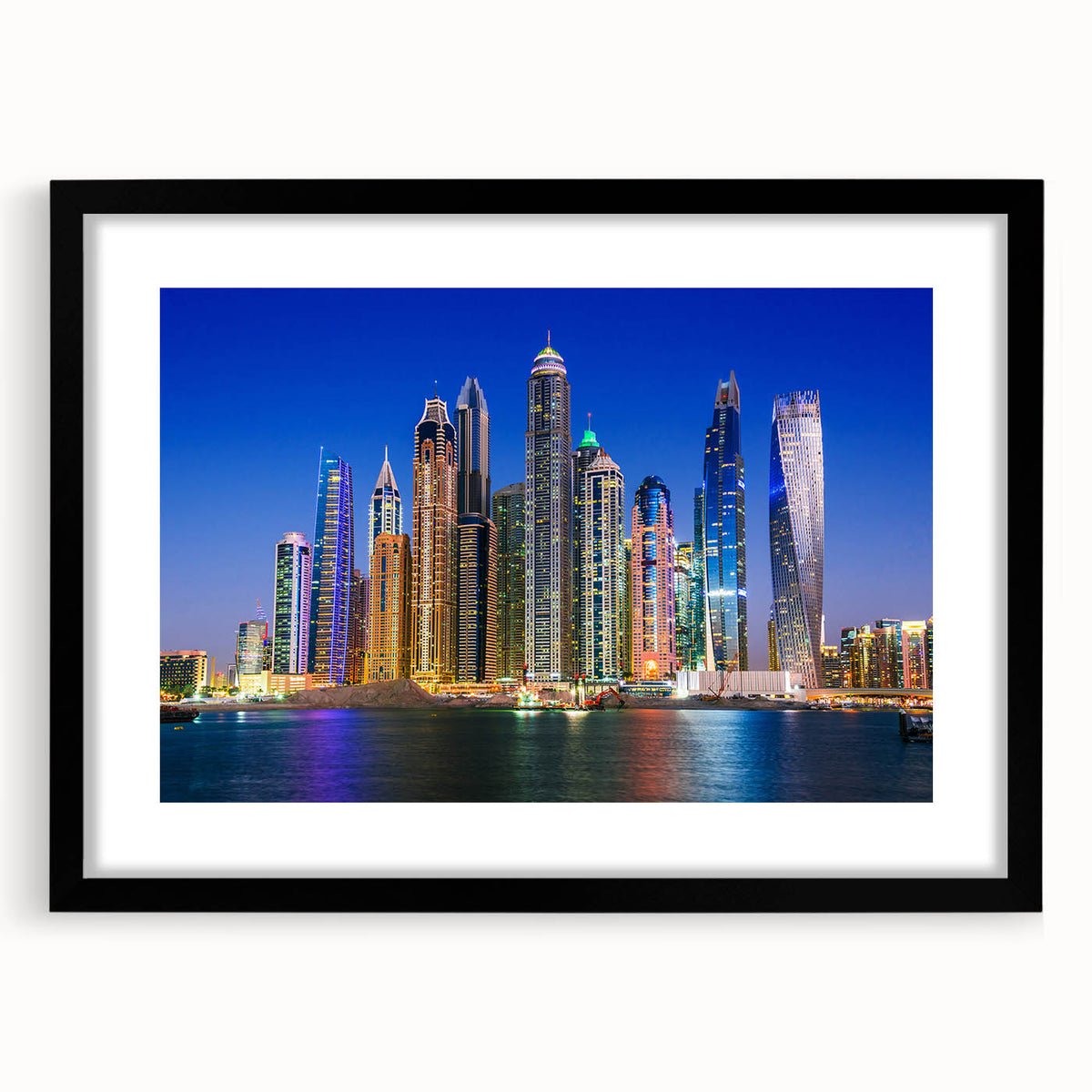 Abstract art print of Dubai skyline in vibrant colors on a textured, extra large canvas, ideal for living room decor.