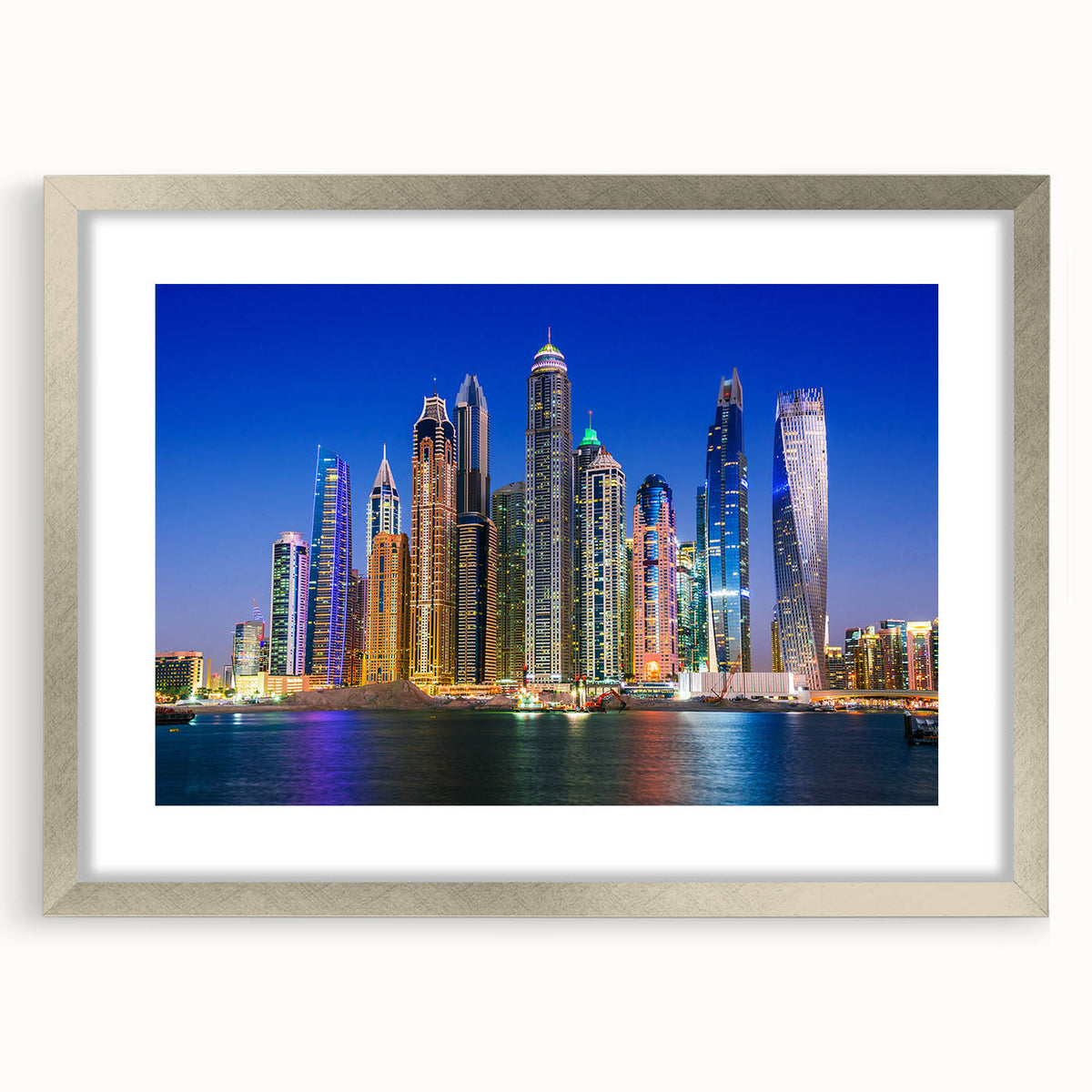 Textured abstract art print of Dubai skyline in muted silver and gray tones on a framed canvas, ideal for bedroom wall decor.