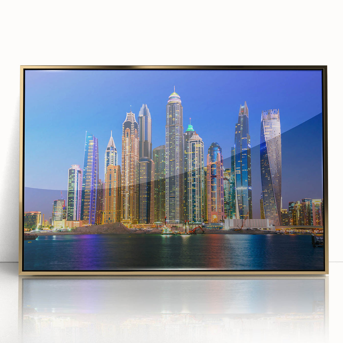 Mid-century modernist acrylic print of Dubai skyline in gold and blue tones, ideal for modern art wall decor.
