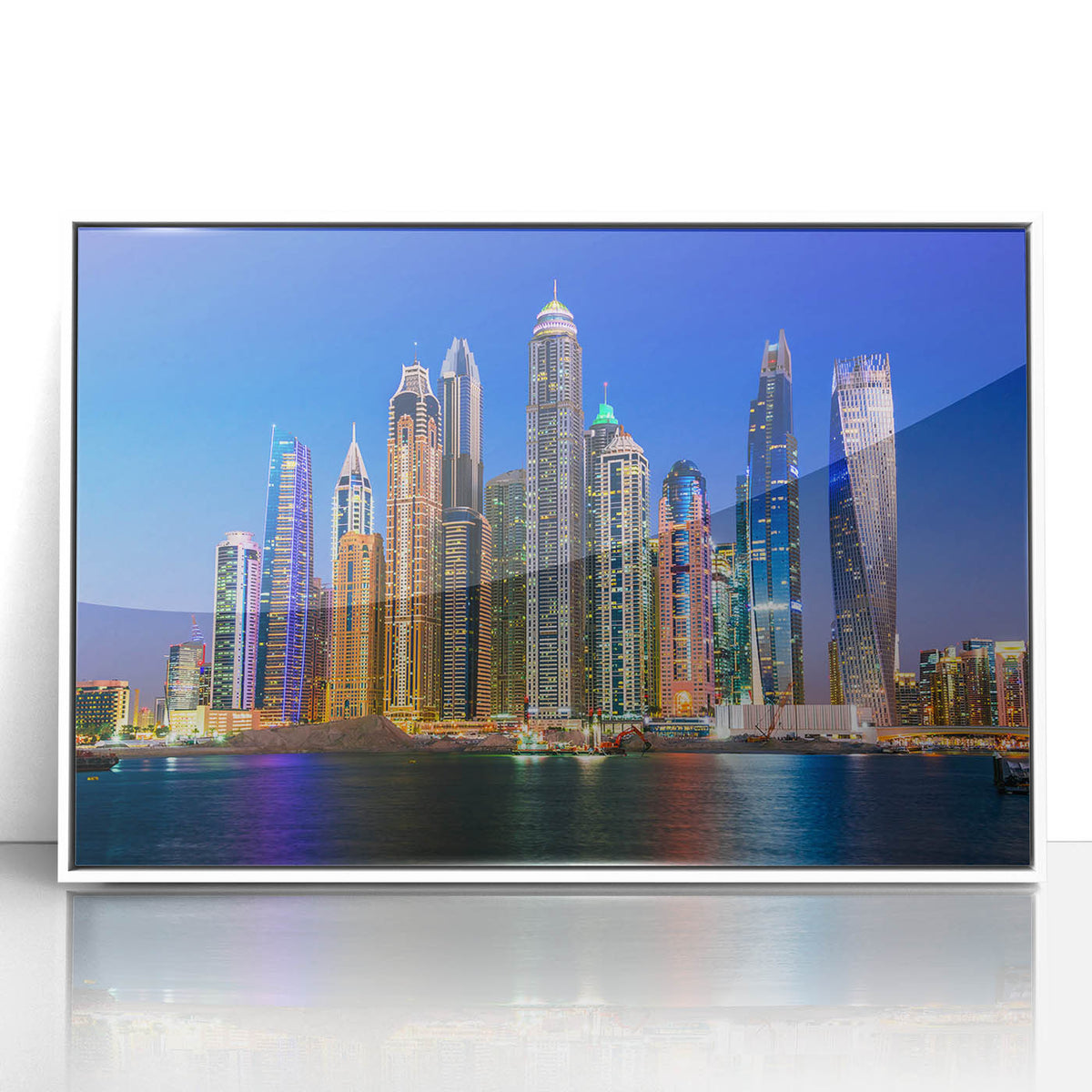 Acrylic print of Dubai skyline in muted grays and blues, framed in white, suitable for modern art wall decor.