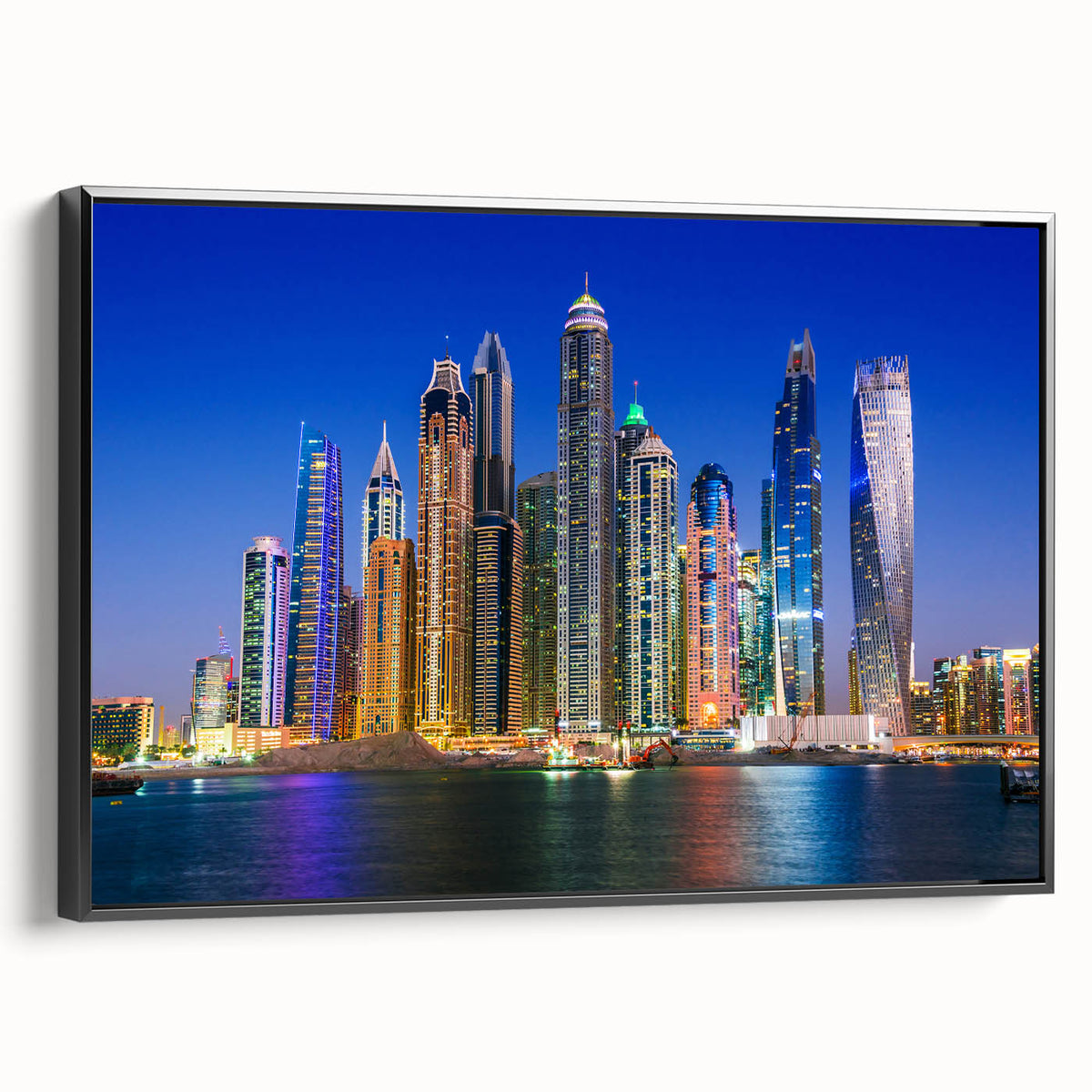 Black and white framed canvas of Dubai skyline, featuring vintage poster art style, ideal for bedroom wall decor.